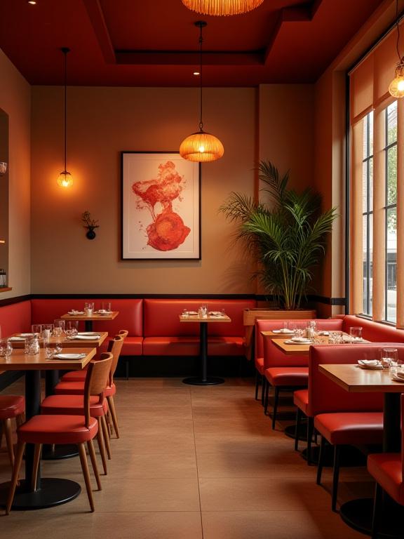 The warm and artistic interior of Indigo Slice pizzeria.